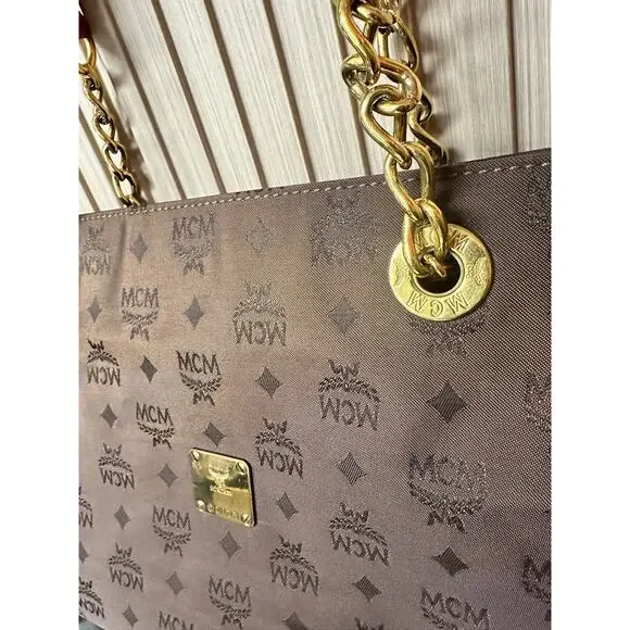 MCM Visetos Nylon Leather Logo Shoulder Tote Bag Brown Large Chain Straps - Picture 3 of 16